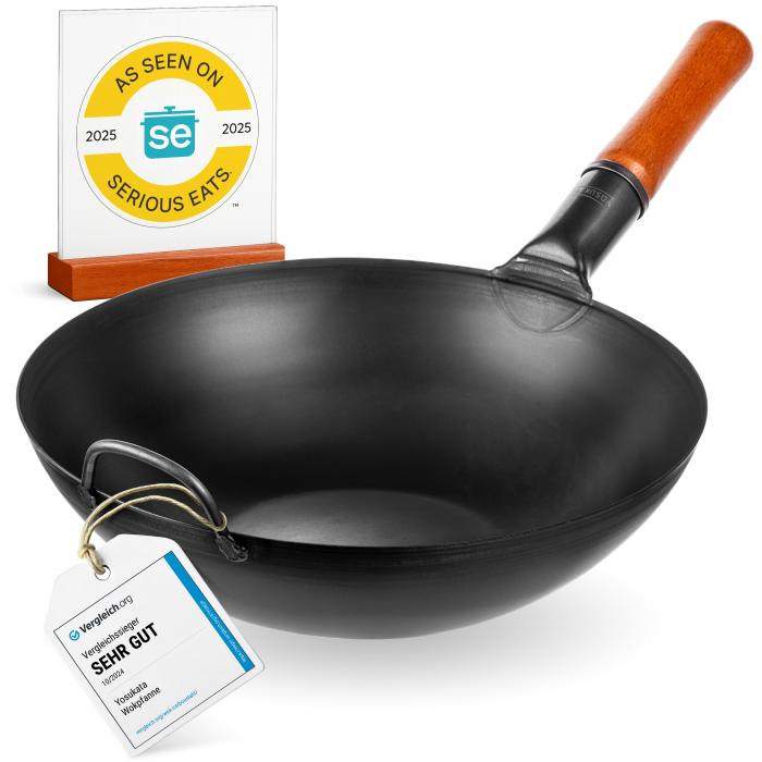 Yosukata 34cm Wok en Acier au Carbone Noir (Fond Plat, Pré-Assaisonnés)