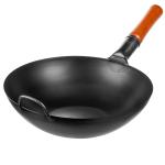 Small Yosukata 34cm Wok en Acier au Carbone Noir (Fond Plat, Pré-Assaisonnés) + Couvercle en bois pour wok de 34 cm