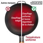 Small Yosukata 34cm Wok en Acier au Carbone Noir (Fond Plat, Pré-Assaisonnés) + Couvercle en bois pour wok de 34 cm
