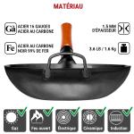 Small Yosukata 34cm Wok en Acier au Carbone Noir (Fond Plat, Pré-Assaisonnés) + Couvercle de Poêle Wok en Acier 32,5cm Pour Wok de 34cm