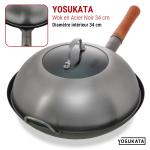 Small Yosukata 34cm Wok en Acier au Carbone Bleu (Fond Plat, Pré-Assaisonnés) + Couvercle de Poêle Wok en Acier 32,5cm Pour Wok de 34cm