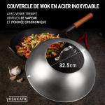 Small Yosukata 34cm Wok en Acier au Carbone Noir (Fond Plat, Pré-Assaisonnés) + Couvercle de Poêle Wok en Acier 32,5cm Pour Wok de 34cm