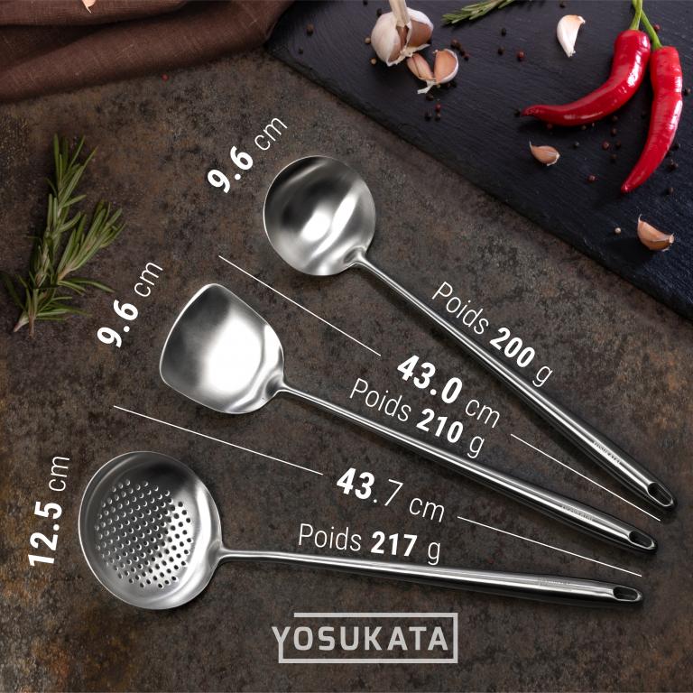 Yosukata Set D'ustensiles pour Wok en Acier Inoxydable 43 cm (Spatule, Louche et Écumoire)