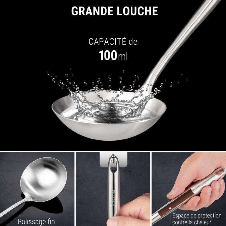 Yosukata Set D'ustensiles pour Wok en Acier Inoxydable 43 cm (Spatule, Louche et Écumoire)