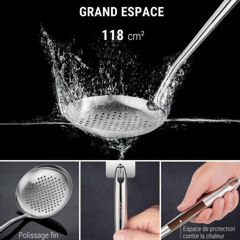 Yosukata Set D'ustensiles pour Wok en Acier Inoxydable 43 cm (Spatule, Louche et Écumoire)