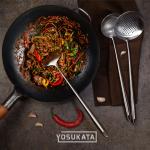 Small Yosukata Set D'ustensiles pour Wok en Acier Inoxydable 43 cm (Spatule, Louche et Écumoire)