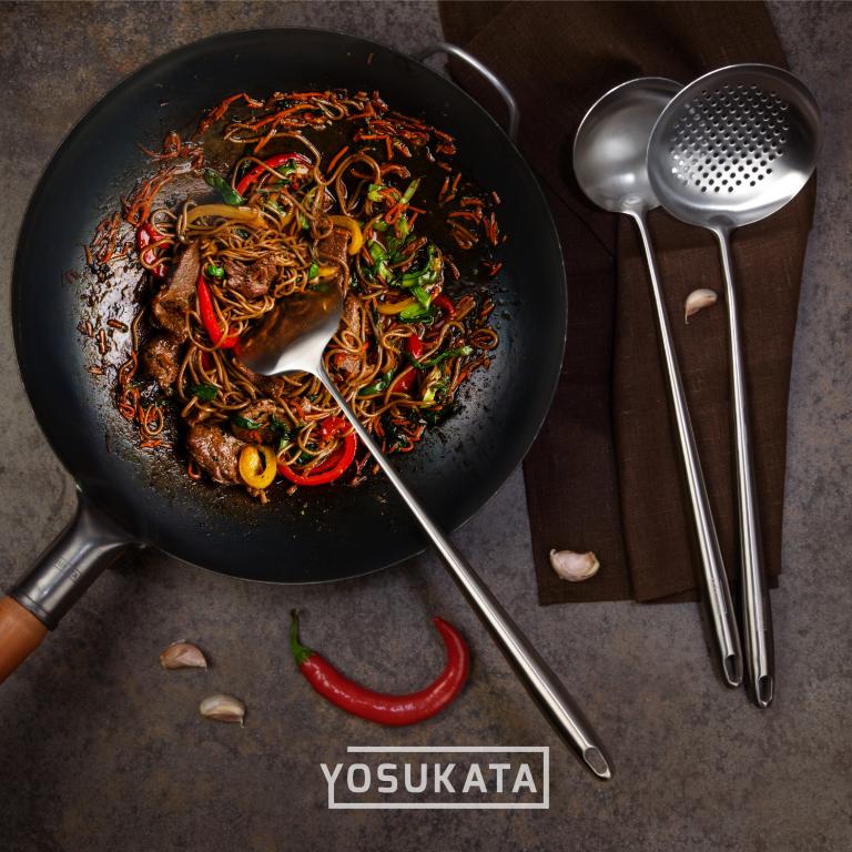 Yosukata Set D'ustensiles pour Wok en Acier Inoxydable 43 cm (Spatule, Louche et Écumoire)