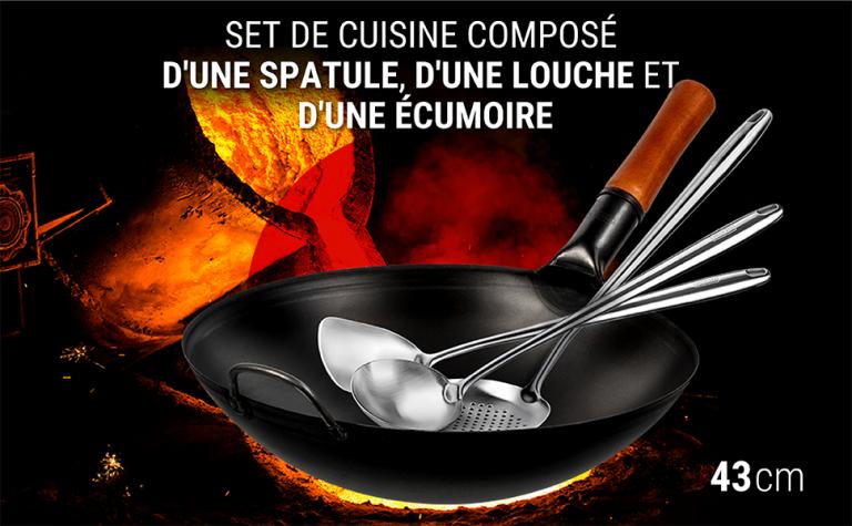 Yosukata Set D'ustensiles pour Wok en Acier Inoxydable 43 cm (Spatule, Louche et Écumoire)