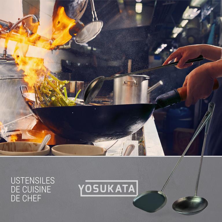 Yosukata Set D'ustensiles pour Wok 43 cm (Spatule en acier au carbone pré-assaisonnée, louche et baguettes en bambou)