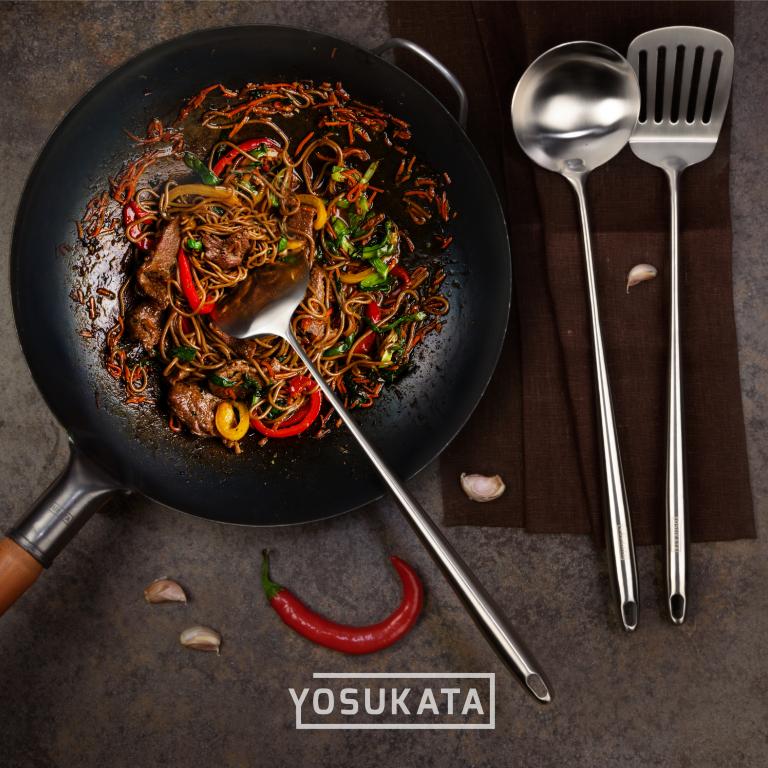 Yosukata Set D'ustensiles pour Wok en Acier Inoxydable 43 cm (Spatule, Louche et Spatule de Cuisine)