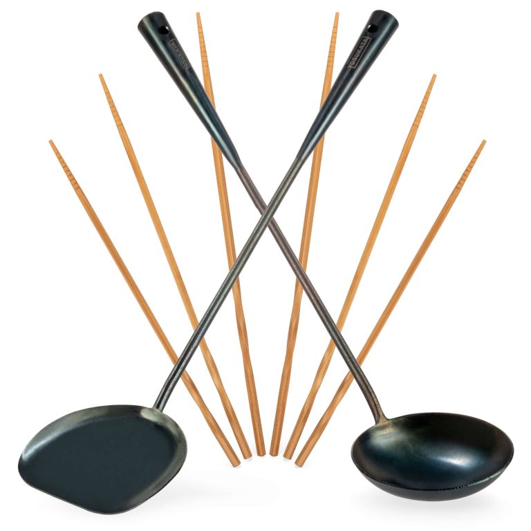 Yosukata Set D'ustensiles pour Wok 43 cm (Spatule en acier au carbone pré-assaisonnée, louche et baguettes en bambou)