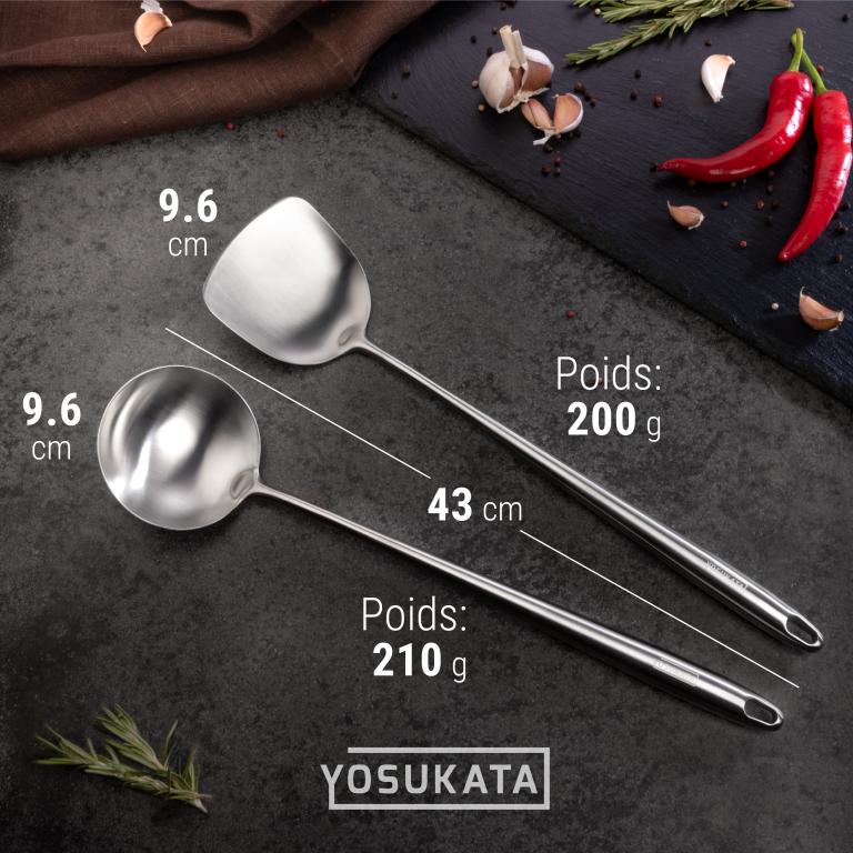 Yosukata Set D'ustensiles pour Wok en Acier Inoxydable 43 cm (Spatule et Louche)