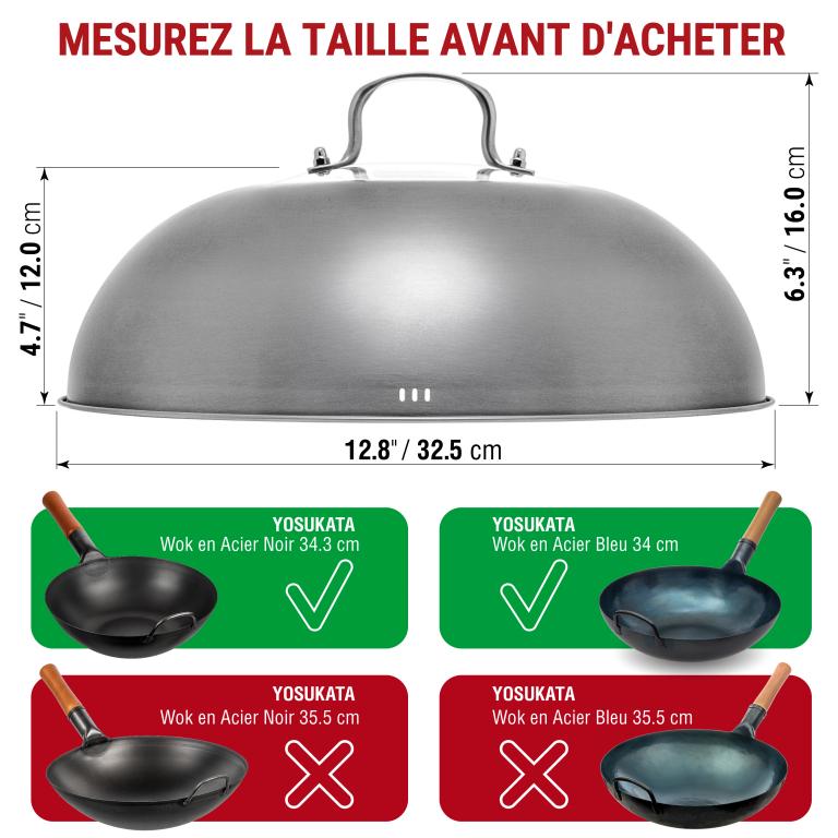 Yosukata Couvercle de Poêle Wok en Acier 32,5cm Pour Wok de 34cm