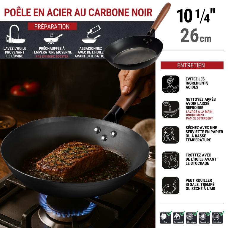 Yosukata 26cm Poêle en Acier au Carbone Noir