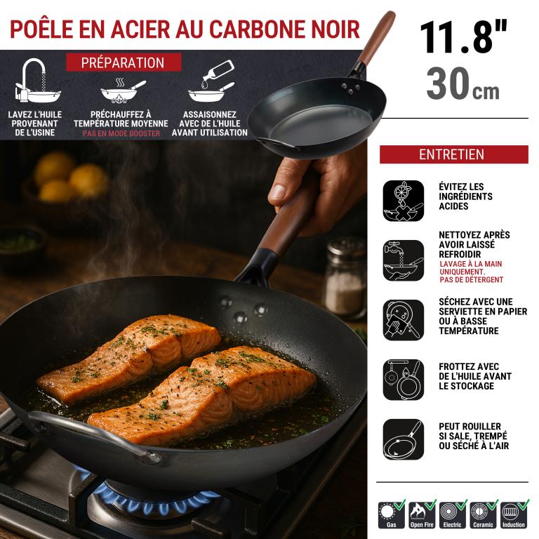 Yosukata 30cm Poêle en Acier au Carbone Noir