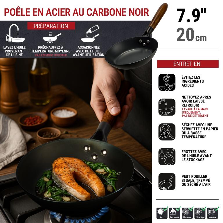 Yosukata 20cm Poêle en Acier au Carbone Noir