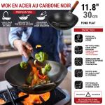 Small Yosukata 30cm Wok en Acier au Carbone Noir (Fond Plat, Pré-Assaisonnés)