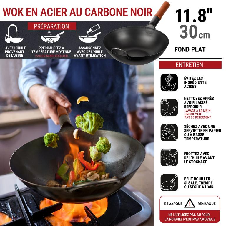 Yosukata 30cm Wok en Acier au Carbone Noir (Fond Plat, Pré-Assaisonnés)