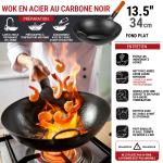 Small Yosukata 34cm Wok en Acier au Carbone Noir (Fond Plat, Pré-Assaisonnés)