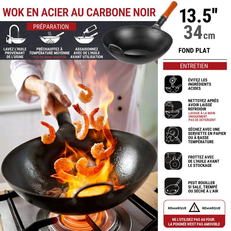 Yosukata 34cm Wok en Acier au Carbone Noir (Fond Plat, Pré-Assaisonnés)
