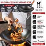 Small Yosukata 36cm Wok en Acier au Carbone Noir (Fond Rond, Pré-Assaisonnés)