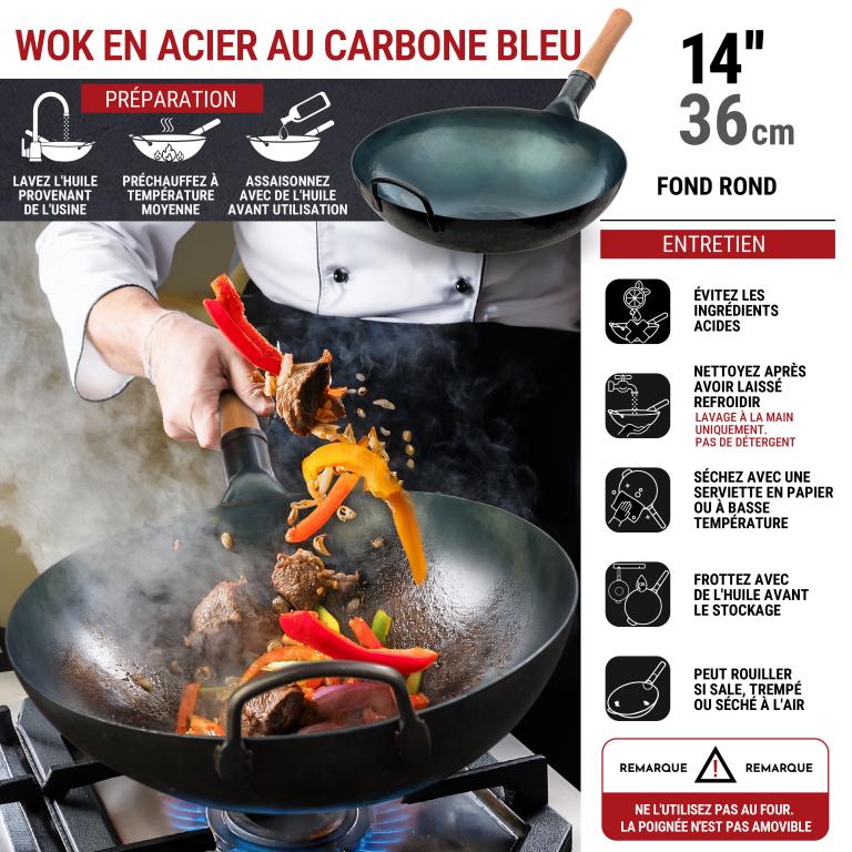 Yosukata 36cm Woks en Acier au Carbone Bleu (Fond Rond, Pré-Assaisonnés)