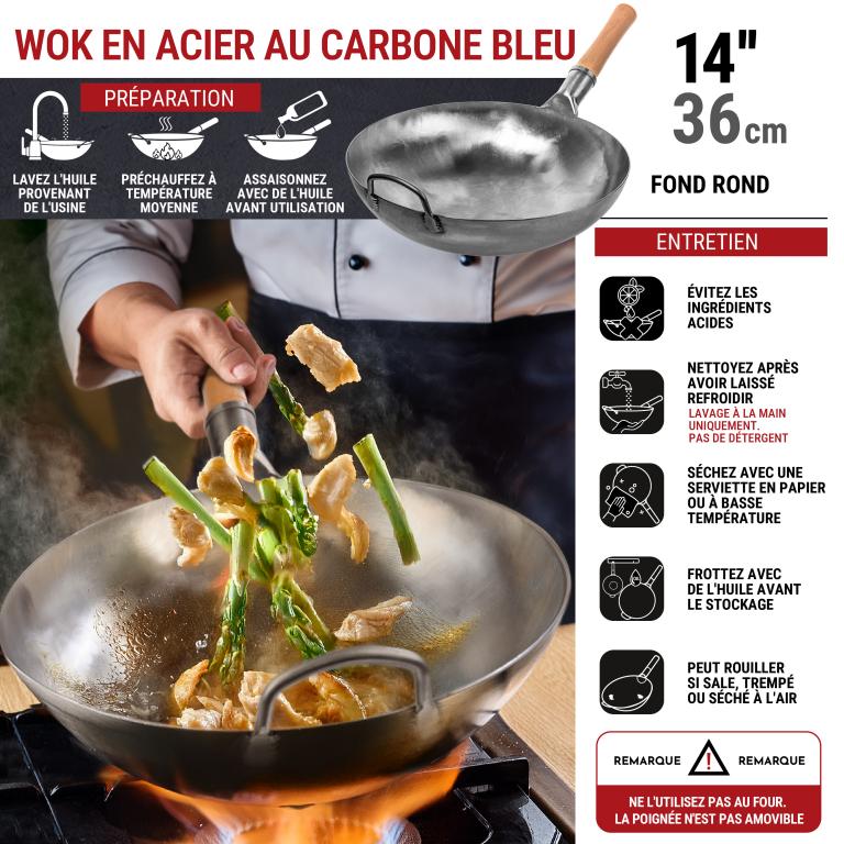 Yosukata 36cm Wok en Acier au Carbone Argenté (Fond Rond, Non Assaisonnés)