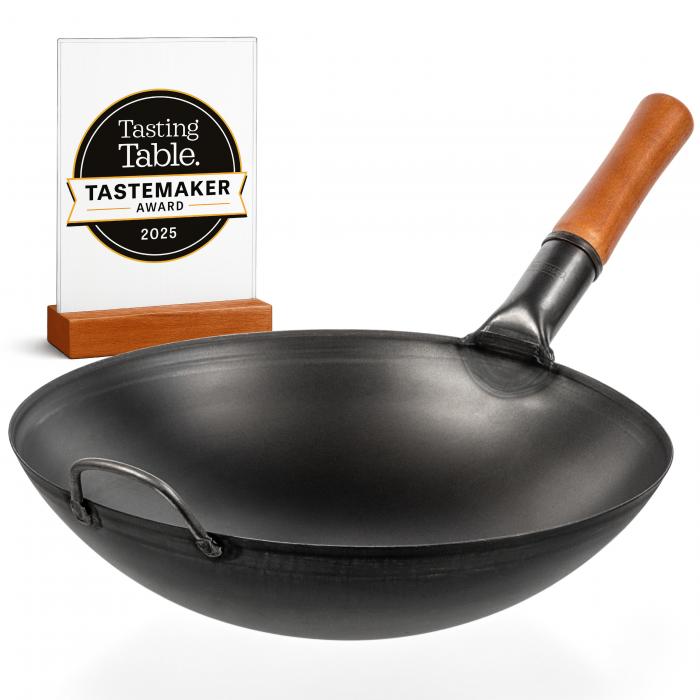 Yosukata 36cm Wok en Acier au Carbone Noir (Fond Rond, Pré-Assaisonnés)