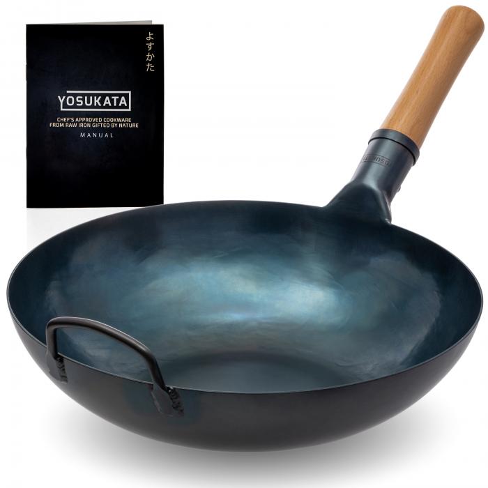 Yosukata 34cm Wok en Acier au Carbone Bleu (Fond Plat, Pré-Assaisonnés)