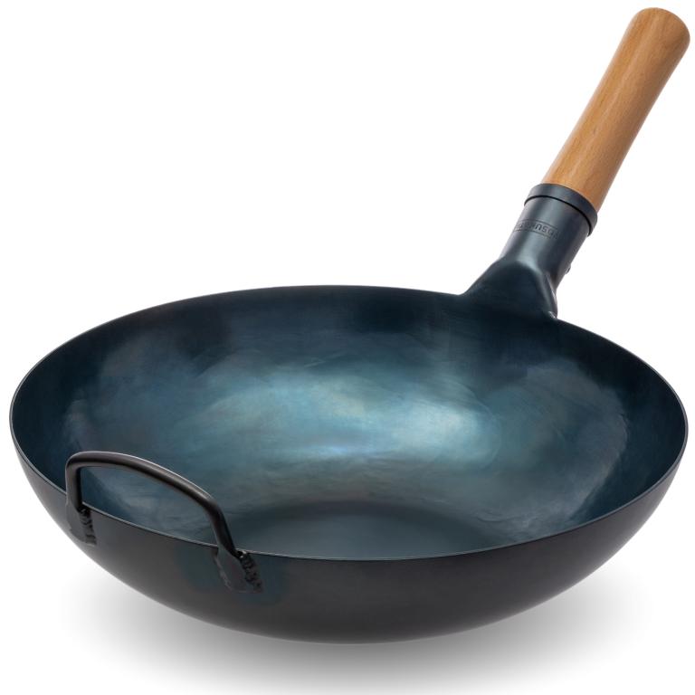 Yosukata 34cm Wok en Acier au Carbone Bleu (Fond Plat, Pré-Assaisonnés)