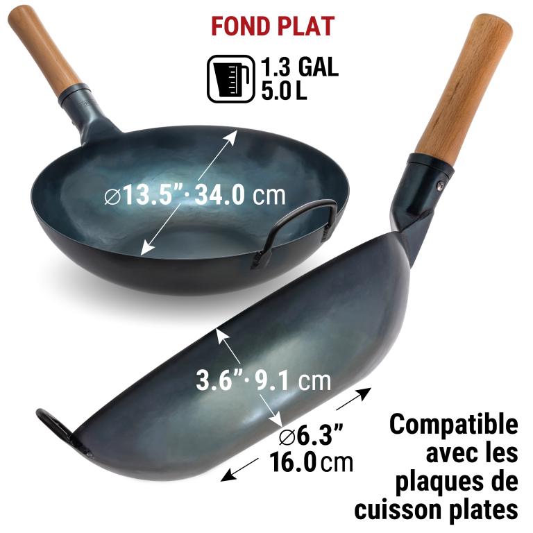 Yosukata 34cm Wok en Acier au Carbone Bleu (Fond Plat, Pré-Assaisonnés)