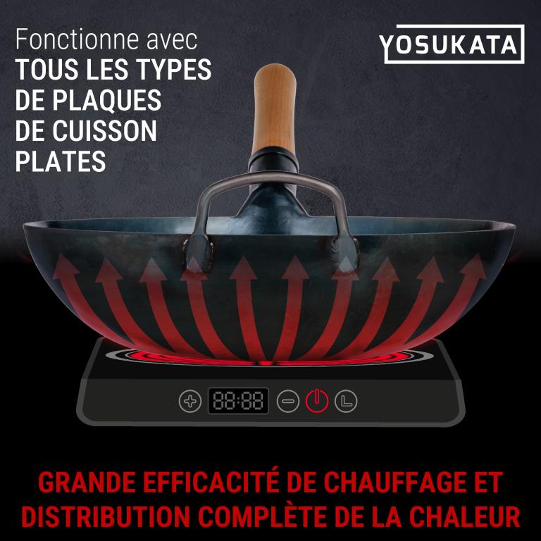 Yosukata 34cm Wok en Acier au Carbone Bleu (Fond Plat, Pré-Assaisonnés)