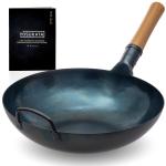 Small Yosukata 34cm Wok en Acier au Carbone Bleu (Fond Plat, Pré-Assaisonnés) + Couvercle en bois pour wok de 34 cm