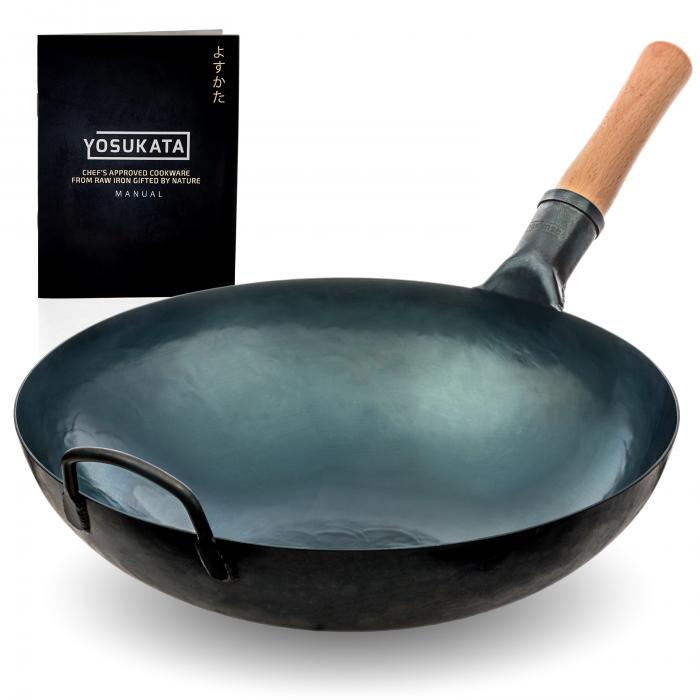 Yosukata 36cm Wok en Acier au Carbone Bleu (Fond Rond, Pré-Assaisonnés)