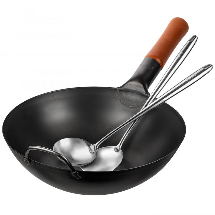 Yosukata 34cm Wok en Acier au Carbone Noir (Fond Plat, Pré-Assaisonnés) + Set D&rsquo;ustensiles pour Wok en Acier Inoxydable 43 cm (Spatule et Louche)