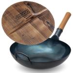 Small Yosukata 34cm Wok en Acier au Carbone Bleu (Fond Plat, Pré-Assaisonnés) + Couvercle en bois pour wok de 34 cm
