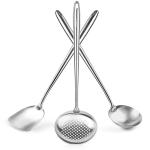 Small Yosukata Set D'ustensiles pour Wok en Acier Inoxydable 43 cm (Spatule, Louche et Écumoire)