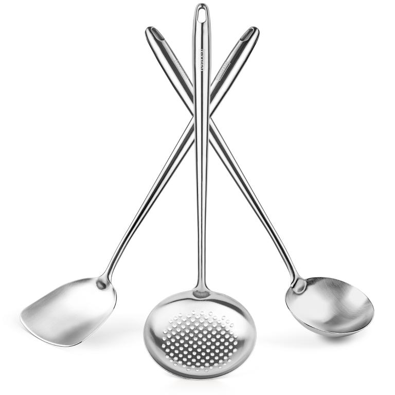 Yosukata Set D'ustensiles pour Wok en Acier Inoxydable 43 cm (Spatule, Louche et Écumoire)