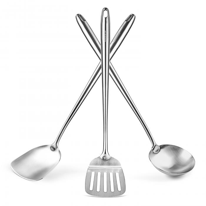 Yosukata Set D’ustensiles pour Wok en Acier Inoxydable 43 cm (Spatule, Louche et Spatule de Cuisine)