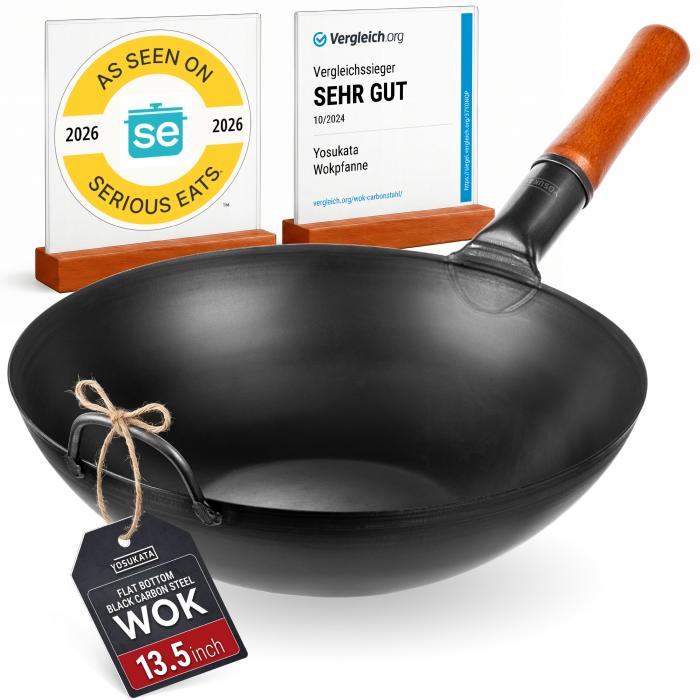 Yosukata 34cm Wok en Acier au Carbone Noir (Fond Plat, Pré-Assaisonnés)