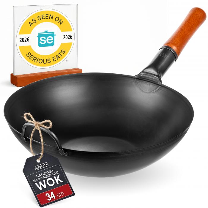 34cm Wok en Acier au Carbone Noir (Fond Plat, Pré-Assaisonnés)